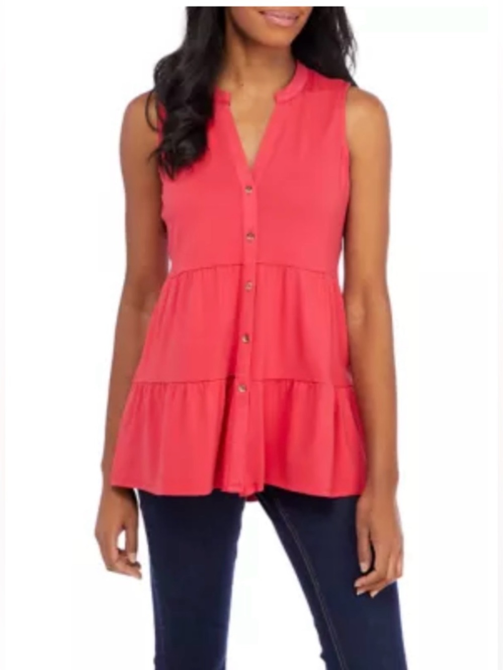 NWT new directions Coral Red Tiered Sleeveless Button-Front Tunic